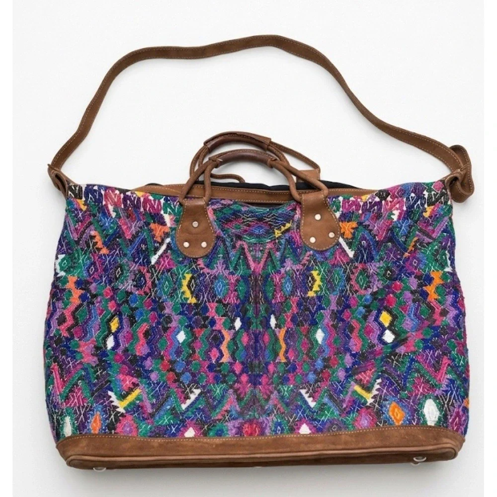 Stela 9 Artisan Woven Huipil & Leather Weekender Bag - Guatemala Oversized
